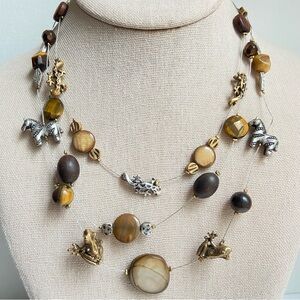 Chico’s floating wire necklace with two tone metal animals tiger’s eye and shell